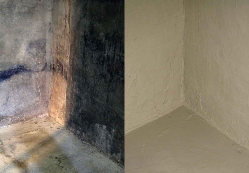 Basement waterproofing before and after photo