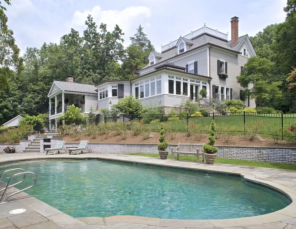 Exterior in ground swimming pool in back yard of home