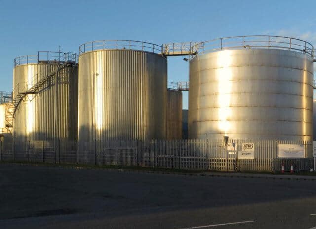 Exterior of stainless steel storage tanks