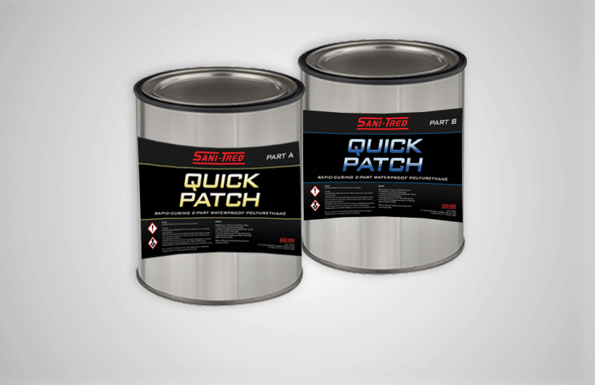 Two cans of Quick Patch which is a 2-part polyurethane material used for filling cracks holes and other voids.