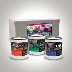 SANI-TRED sample pack: PermaFlex, TAV and LRB cans with the Waterproof and Repair box